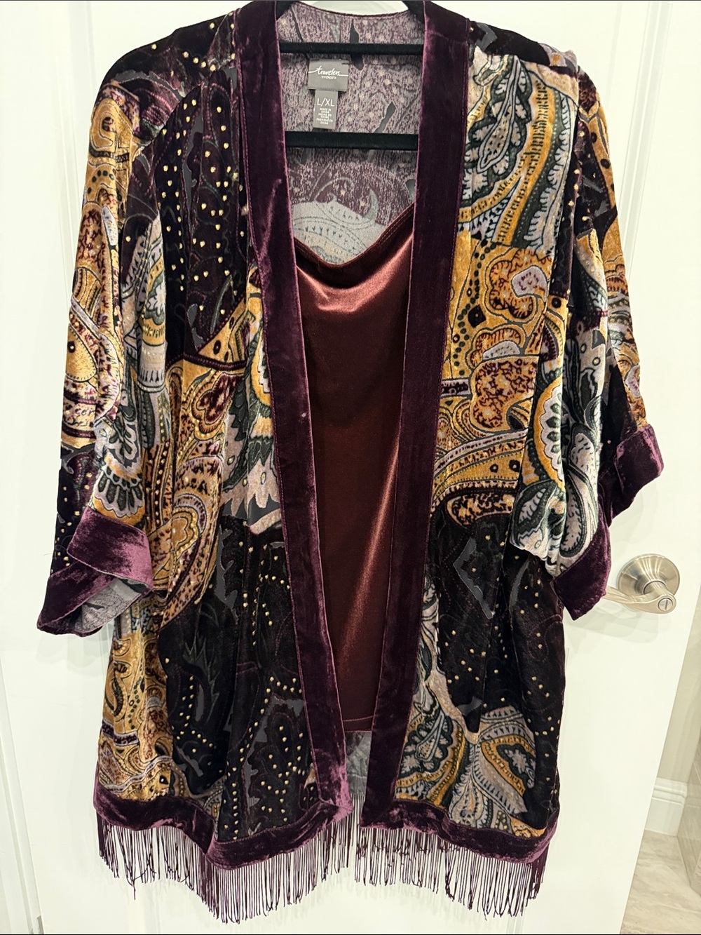 Chico's Velvet Paisley Kimono in Plum, Gold & Cream